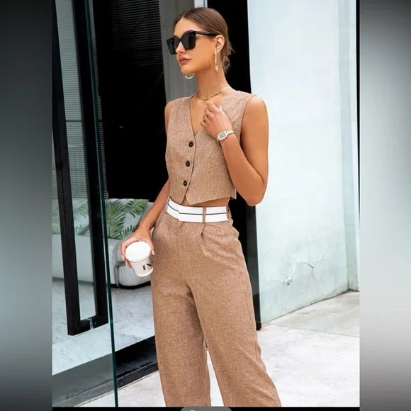 💛 Womens Collection Button Front Vest Blazer & Wide Leg Pants Set - Picture 1 of 12